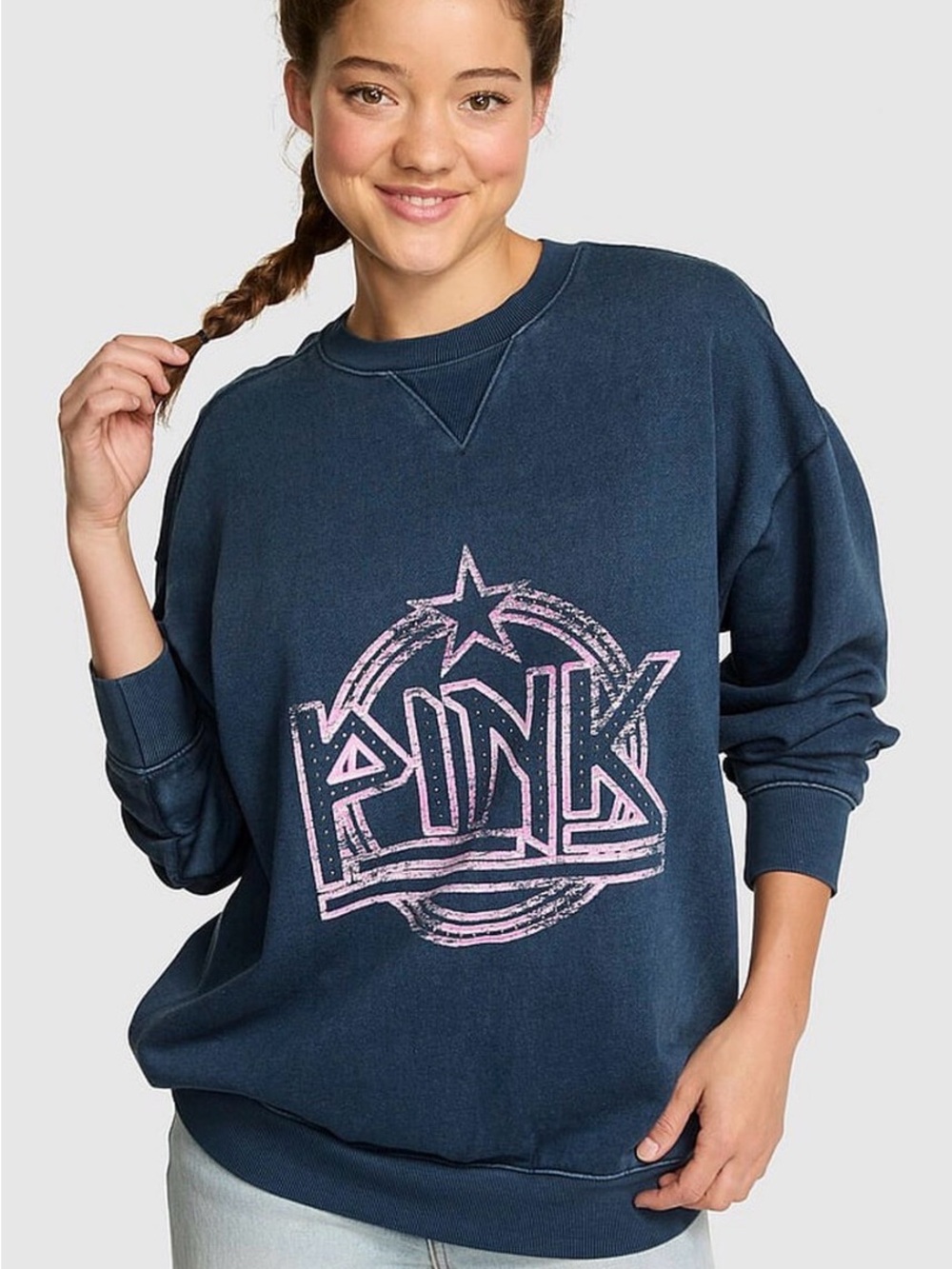 PINK Victoria's Secret Navy Campus Crewneck Sweatshirt with Pink Logo, Size xl